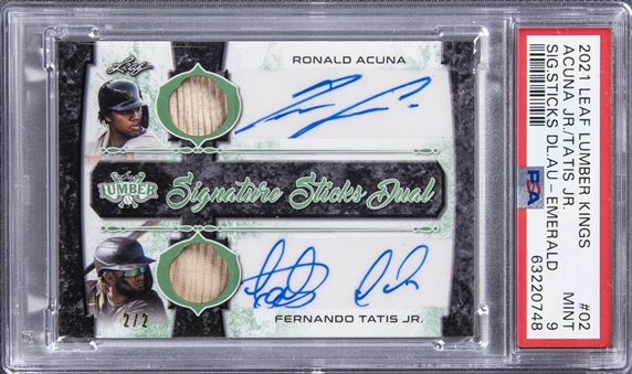 2021 Leaf Lumber Signature Sticks Dual Autographs Emerald #SSD-02 Tatis/Acuna Dual Signed Bat Relic Card (#2/2) - PSA MINT 9